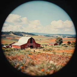 kodak portra 4 0 0, extreme fisheye, wetplate, muted colours, no people, 1 9 3 0 s award winning colour portrait of a beautiful landscape, farm barns, red dead redemption 2, by saul leiter, insanely detailed, insanely intricate, depth of field, motion blur, blueberry teal creme orange colours, no people