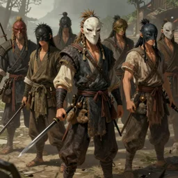 an intricate concept art, illustration, fantasy, masked peasant raiders, ultra photorealistic, ultra sharp, artstation, cgsociety, masterpiece, digital art, anime colors, by wlop, octane render