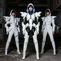 beautiful fashion model with white majestic ornate sci - fi tactical gear, black leather garment, hologram sci - fi hood, full shot fashion photography, dark abandoned cyberpunk factory, by irving penn and storm thorgerson, ren heng, peter elson,
