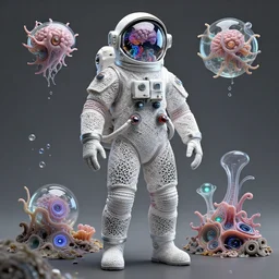 astronaut suit made of xeno gekko feet and diamond fractal lace, artificia, cybernetic eyes, nudibranch, gelatin brainsvortices micro water, gelatinosis glass, the lush fluox symbiosis crustal ayere domni, and futurism, by peter mohrbacher and mullins, octane render, gekkolings, phantastica