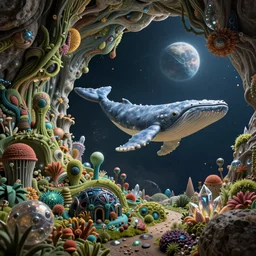 intricate alien ecosystem on a rocky planet, a cave made out of little vegetation and crystals, a whale is flying in the planet. concept art, intricate details, highly detailed, photorealistic, octane render