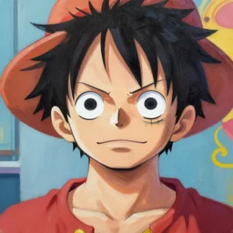 Portrait painting of Luffy with stylized eyes as an Overwatch character, medium shot, asymmetrical, profile picture, Organic Painting, sunny day, Matte Painting, bold shapes, hard edges, street art, trending on artstation, by Huang Guangjian and Gil Elvgren and Sachin Teng, stylized eyes