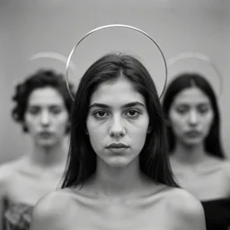 portrait of other worldly beings, 85mm, by Diane Arbus, black and white, bokeh, silver halo around head