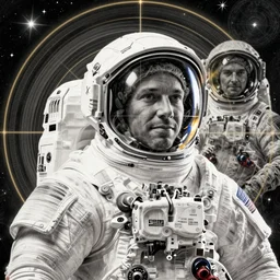 double exposure portrait of astronaut and another astronaut with space and time in the the background by davinci, circles, psychedelic, pencil art, high definition, dynamic lighting stars, sharpness, golden ratio