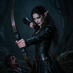 a dark and brooding elf, clad in black leather and armed with a deadly bow. she lurks in the shadows, stalking her prey before striking with lethal precision. her eyes gleam with a cold, ruthless hunger, and her lips curl into a satisfied smirk as she watches her victims bleed out.