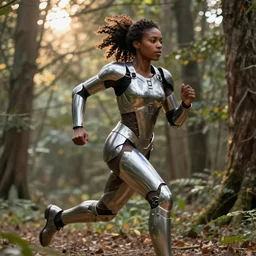 hyperrealistic very beautiful! black woman running, detailed exoskeleton armor, in a forest sun behind, digital art brad kunkle elson peter, dramatic blue light low angle hd 8k sharp focus