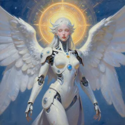 Shoulder level close up portrait of a wisp style seraphim angel from a neo solar punk future future metaverse  sculpted minimal technology tech cyborg tech, techno angelic warrior by Mandy Jurgens, cartoon, oil painting , visionary art, symmetric, Heavenly symbols, holy halo, astral patterns, Rembrandt lighting  sci-fi