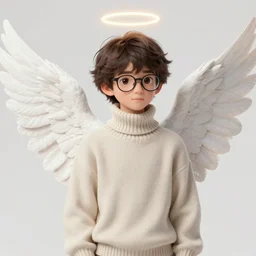 portrait of a scholar angel, fantasy, turtleneck sweater, big white wings, halo, cute, shy, nice, glasses!!!, medium shot, illustration, digital art, highly detailed, high quality, by charlie bowater and greg rutkowski and artgerm, 1 2 3 4