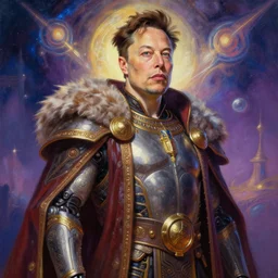 A cyborg Elon Musk as the tyrant emperor of the universe. Trending on ArtStation. A vibrant digital oil painting. A highly detailed fantasy character illustration by Wayne Reynolds and Charles Monet and Gustave Dore and Carl Critchlow and Bram Sels
