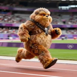 fat jabba the hutt ( from star wars ) running on a race track, during the olympics, photography, 3 5 mm, motion blur
