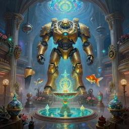 a minimalist bioluminescent oil painting by donato giancola, gears of war goldfish giant mecha god temple altar, religious, cinematic scifi luxurious futuristic foggy steam filled spaceport shopping mall with microscopy stained glass pretty bulbous ceramic fountains, gigantic pillars and flowers, maschinen krieger, beeple, star trek, star wars, ilm, star citizen, mass effect, artstation, atmospheric perspective