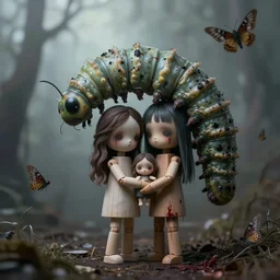 ektachrome portrait beautiful jointed wooden art doll, super dollfie, holding each other, abandoned, derelict, moths, sadness, giant caterpillars, tim walker, art by wenjun lin, artem chebokha, alena aenami, ian llanas, ethereal, soft light, dark art, macabre, nightmares, horror, blood