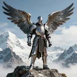 an elven knight in full battle armour and huge metal wings on his back, standing on the peak of mont blanc, by john howe
