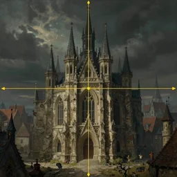 a painting of a cinematic keyframe of a medieval hospice building in a gothic medieval town, by greg rutkowski, rule of thirds, golden ratio, ambient lighting, wlop, artgerm, artstation, highly detailed masterpiece, dark fantasy art, high detail, trending on artstation