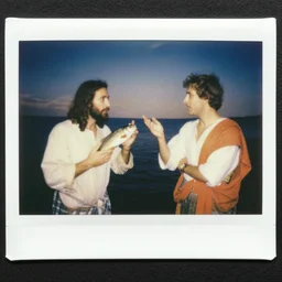 old polaroid of jesus arguing with jonh about the fish