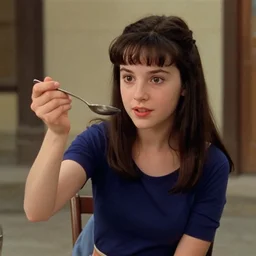 a film still from amelie ( 2 0 0 1 ) of amelie holding up the spoon