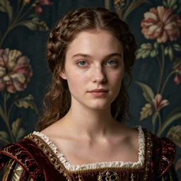 close - up portrait of beautiful model in renaissance dress, background with flowered wallpaper, art by paolo roversi
