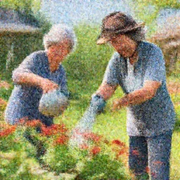 manny montana watering the flowers with an eldery lady, 4k trending on artstation, photorealistic, volumetric lighting, octane render,