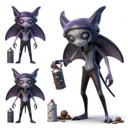 character design sheets for a nonbinary androgynous gothic manta ray person who sells empty spray paint cans as a scam and is always covered in paint and clay and acting shady, designed by splatoon nintendo, inspired by tim shafer psychonauts 2 by double fine, cgi, professional design, gaming