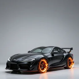 Black Toyota Supra with wheels on fire, 8k UHD, studio photography, high quality, high detail, stunning lighting