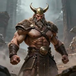a muscular Viking deity with a menacing posture