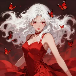 half portrait of a beautiful anime girl in red dress with white wavy hair surrounded by red butterflies, dynamic pose, perfect face details, symmetry, digital painting, trending on artstation and deviantart, epic composition, vibrant, dynamic, highly detailed, ross draws, wlop, 8 k