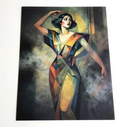 ( ( dither ) ), illustrated portrait a woman like reol, modern art deco, dynamic pose, colorful, moody, magazine cover art, detailed features, dynamic composition, wide angle, matte print, volumetric, fog, dramatic lighting, halftone texture, risograph, 4 k
