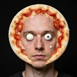 portrait of man with a rare medical condition making the head round like a pizza, head looks exactly like a pizza, doughy skin with white pores, blemishes look like tomatoes, bulging eyes look like mozzarella balls, soft lighting, sharp focus, highly symmetrical, black background, masterpiece by morten krogvold