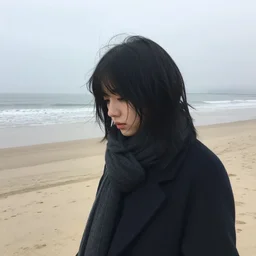 an emo girl, black hair, on the beach on a cold foggy day