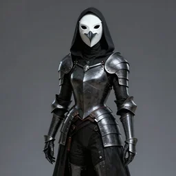 female plague doctor donning a black hood, tight knightly armor and a white crow mask, trending on artstation