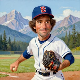 a closeup photorealistic photograph of bob ross themed kenny powers baseball, painting on a canvas. mountains and trees. film still. brightly lit scene. this 4 k hd image is trending on artstation, featured on behance, well - rendered, extra crisp, features intricate detail, epic composition and the style of unreal engine.