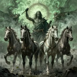 concept art by artgerm, pestilence of the four horsemen of the apocalypse, soft green natural light, intricate, smoke war, highly detailed dark art, digital painting, artstation, concept art, smooth, sharp focus, illustration, art by greg rutkowski and luis rollo and uang guangjian and gil elvgren, symmetry!