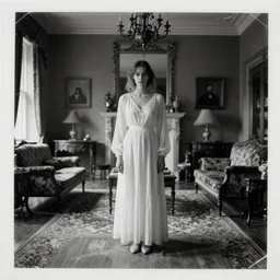 a double exposure of a beautiful full length portrait of a sombre woman, apparition, ghostly, white dress, with an estate agent photo of a stately home living room, antiques, scratched photo, damaged edges, black and white damaged photo