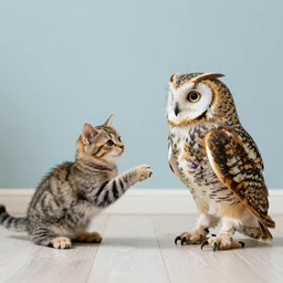 a cat and an owl playing