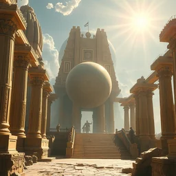 a futuristic solarpunk temple of edfu with a giant sphere and bright sun rays 8 k highly detailed hyperornate high contrast and sharp oil painting by marc simonetti and caspar david friedrich, trending on artstation