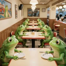 1 9 9 2 frog themed diner, tables repeat into the horizon, frogcore, one point perspective, americana, restaurant interior photography, 5 5 mm