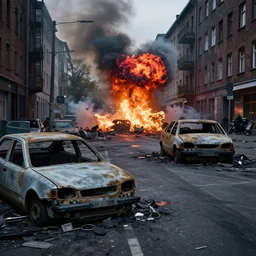 post - apocalyptic kreuzberg streets, burned cars, explosions, colorful smoke, hyperrealistic, gritty, damaged, dark, urban photography, photorealistic, high details