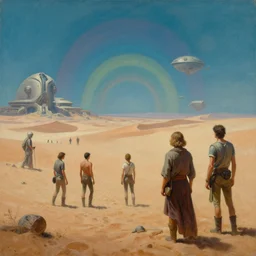 cinematic view of a retro scifi desert, people, desaturated, psychedelic, tim hildebrandt, wayne barlowe, bruce pennington, donato giancola, larry elmore, oil on canvas, masterpiece, trending on artstation, featured on pixiv, cinematic composition, dramatic, beautiful lighting, sharp, details, hyper - detailed, hd, hdr, 4 k, 8 k