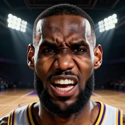 beautiful expressive close - up digital art of ( ( epic!!!! angry!!!! lebron james with epic beautiful cinematic symmetrical face ) ). in a dark empty basketball court with open windows. light rays, intense atmosphere, trending on artstation, beautiful lighting, hyper detailed, 4 k, high quality, smooth, sharp focus