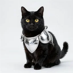 a black cat with yellow eyes wearing silver armor, high quality photograph, studio lighting