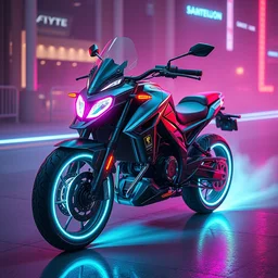 concept art of futuristic mortorcycle with neon light, cyberpunk aesthetic, capable to flight, navigator gear, ultra realistic, ultra detailed, volumetric light, anamorphic lenses, unreal engine, 8 k