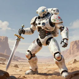 a warrior robot astronaut, holding a hi - tech sword, floral! looks like a machine from horizon zero dawn designed by apple, in socotra island, posing for a fight, intricate, elegant, highly detailed, digital painting, establishing shot, an epic fantasy, artstation, concept art, smooth, sharp focus, illustration, art by artgerm and greg rutkowski, 8 k