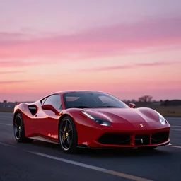 a Ferrari car on the street, pink sunset, dramatic lighting