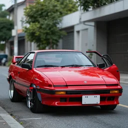 Cannon photo of red Toyota supra Mark 2 MA61 MK2 made in 1982 front sideview parked on street