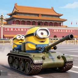minions driving a tank at tiananman square massacre