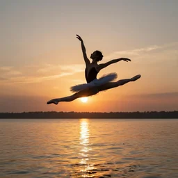 a photo of a ballet dancer jumping over water at sunset by Joe McNally, photography in the style of Joe McNally