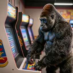 a gorilla playing a arcade game machine, realistic, very detailed