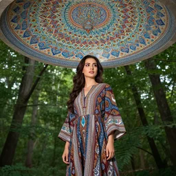 a beautiful woman standing in the forest, wearing a dress patterned in the style of colorful muqarnas ceiling