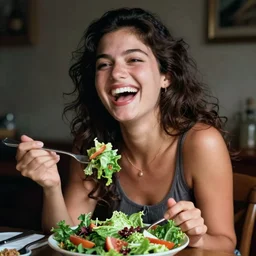 35mm colour photograph of women laughing with salad