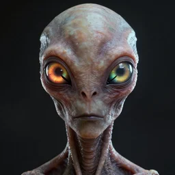 portrait of a space alien, varying detailed skin, octane render, eyes glowing with two rings of high contrast colors intermittent with black strips who's frequency changes closer to the cornea, realistic render, detailed, ugly, slimy unreal engine, symmetrical!!, greg rutkowski and ruan jia, cinematic